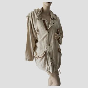 Cambridge Dry Goods Women's Beige Linen Blend Leather Trimmed Hooded Jacket Sz L